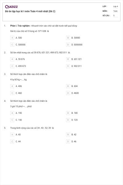 Đề ôn tập học kì I môn Toán 4 mới nhất (Đề 2)