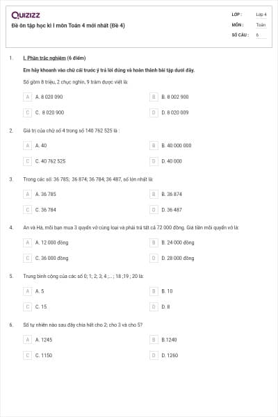 Đề ôn tập học kì I môn Toán 4 mới nhất (Đề 4)