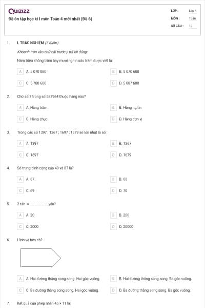 Đề ôn tập học kì I môn Toán 4 mới nhất (Đề 6)