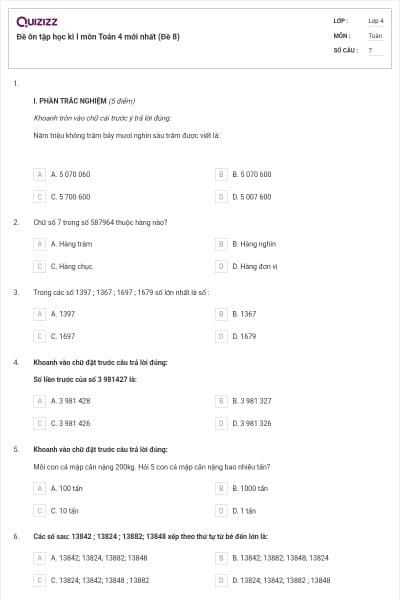 Đề ôn tập học kì I môn Toán 4 mới nhất (Đề 8)