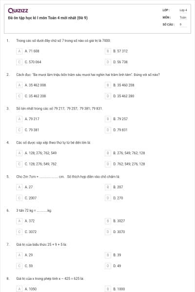 Đề ôn tập học kì I môn Toán 4 mới nhất (Đề 9)