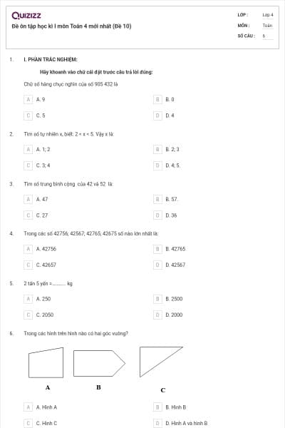 Đề ôn tập học kì I môn Toán 4 mới nhất (Đề 10)