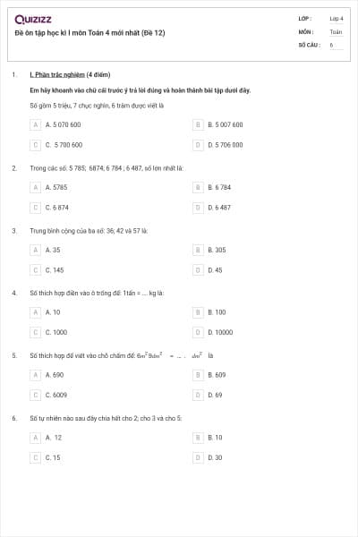 Đề ôn tập học kì I môn Toán 4 mới nhất (Đề 12)