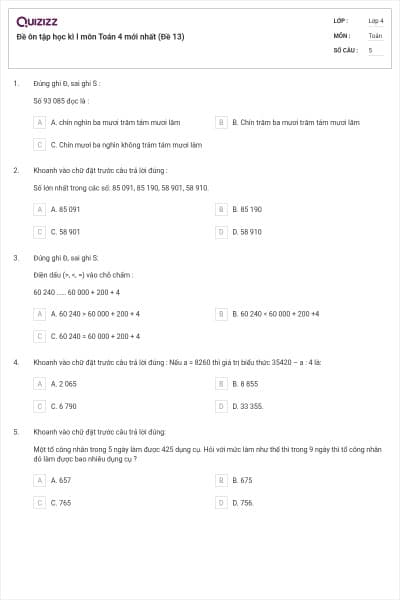 Đề ôn tập học kì I môn Toán 4 mới nhất (Đề 13)