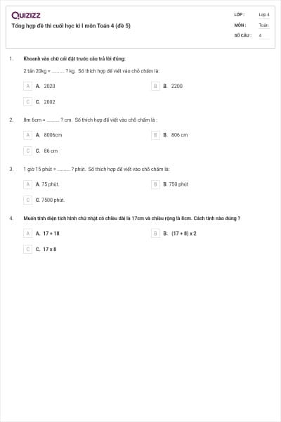 Tổng hợp đề thi cuối học kì I môn Toán 4 (đề 5)