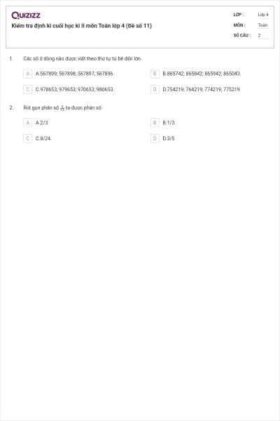 Kiểm tra định kì cuối học kì II môn Toán lớp 4 (Đề số 11)