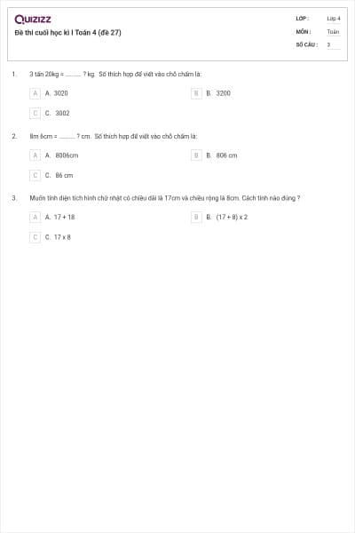 Đề thi cuối học kì I Toán 4 (đề 27)