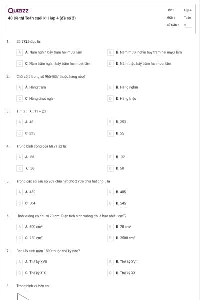 40 Đề thi Toán cuối kì I lớp 4 (đề số 2)