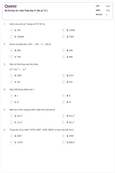 Đề thi học kì I môn Toán lớp 4 ( Đề số 12 )