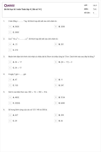 Đề thi học kì I môn Toán lớp 4 ( Đề số 14 )