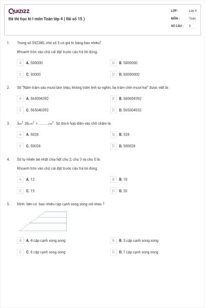 Đề thi học kì I môn Toán lớp 4 ( Đề số 15 )