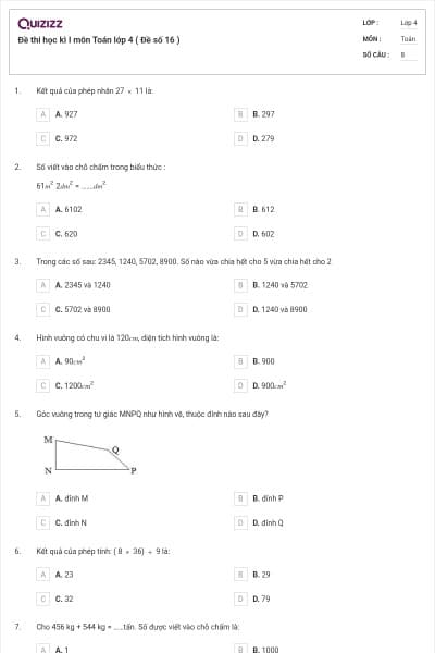 Đề thi học kì I môn Toán lớp 4 ( Đề số 16 )