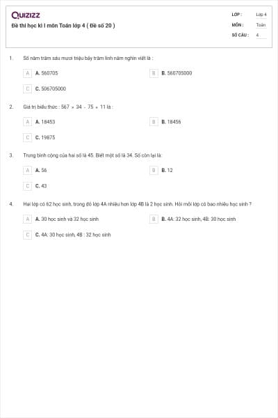 Đề thi học kì I môn Toán lớp 4 ( Đề số 20 )