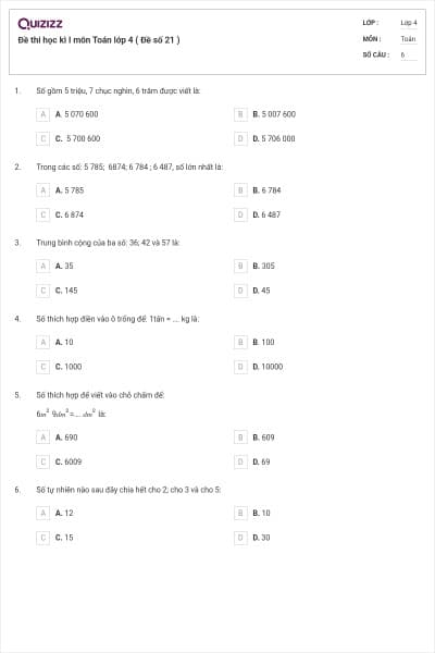 Đề thi học kì I môn Toán lớp 4 ( Đề số 21 )