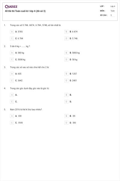 40 Đề thi Toán cuối kì I lớp 4 (đề số 3)