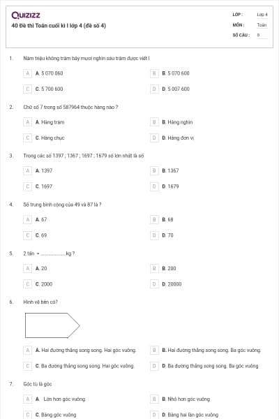40 Đề thi Toán cuối kì I lớp 4 (đề số 4)