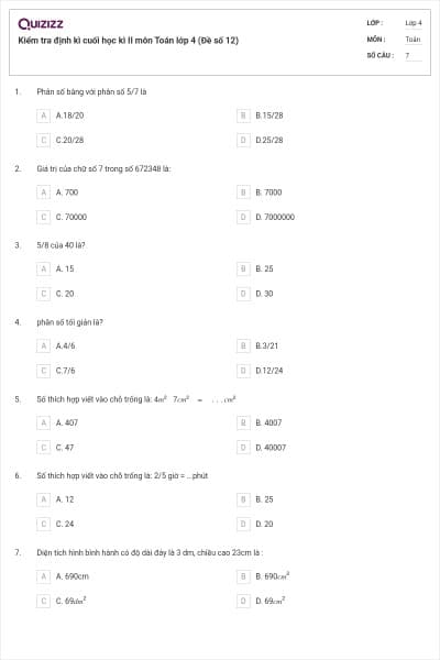 Kiểm tra định kì cuối học kì II môn Toán lớp 4 (Đề số 12)