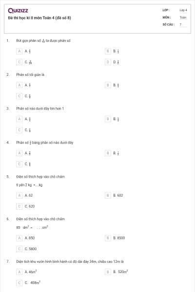 Đề thi học kì II môn Toán 4 (đề số 8)