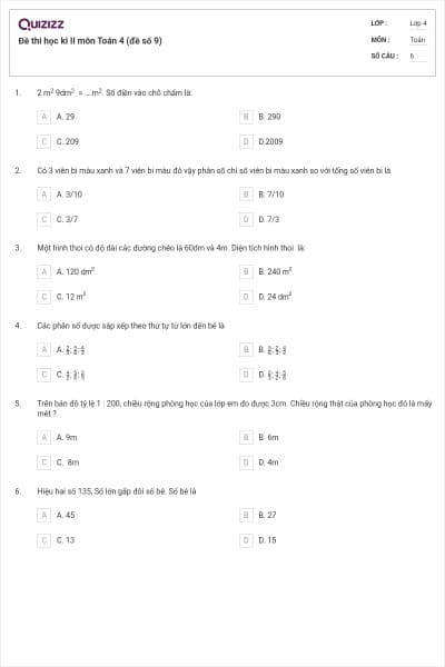 Đề thi học kì II môn Toán 4 (đề số 9)