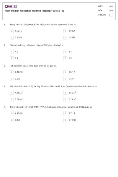 Kiểm tra định kì cuối học kì II môn Toán lớp 4 (Đề số 13)
