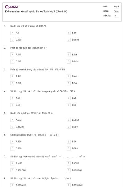 Kiểm tra định kì cuối học kì II môn Toán lớp 4 (Đề số 14)