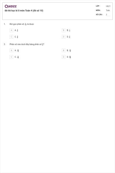 Đề thi học kì II môn Toán 4 (đề số 10)