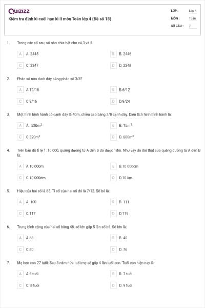Kiểm tra định kì cuối học kì II môn Toán lớp 4 (Đề số 15)
