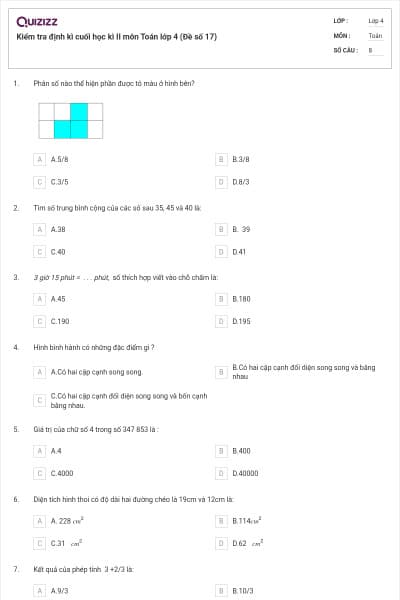 Kiểm tra định kì cuối học kì II môn Toán lớp 4 (Đề số 17)