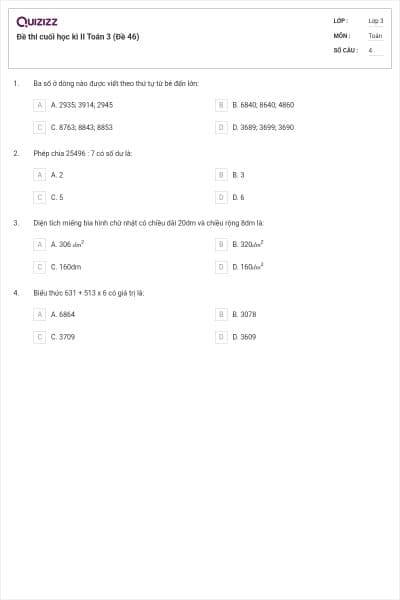 Đề thi cuối học kì II Toán 3 (Đề 46)