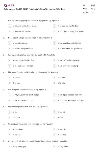 Trắc nghiệm Địa Lí 9 Bài 29 (có đáp án): Vùng Tây Nguyên (tiếp theo)