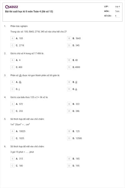 Bài thi cuối học kì II môn Toán 4 (Đề số 13)
