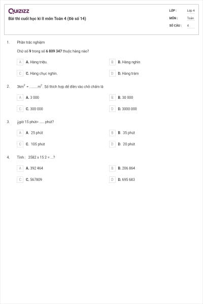 Bài thi cuối học kì II môn Toán 4 (Đề số 14)