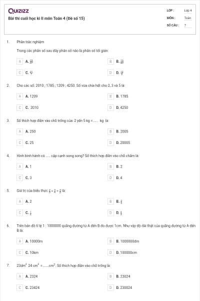 Bài thi cuối học kì II môn Toán 4 (Đề số 15)