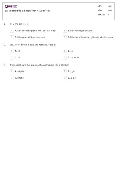 Bài thi cuối học kì II môn Toán 4 (Đề số 16)