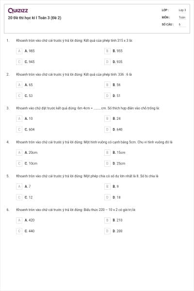20 Đề thi học kì I Toán 3 (Đề 2)