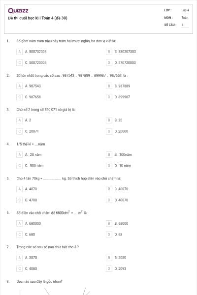 Đề thi cuối học kì I Toán 4 (đề 30)