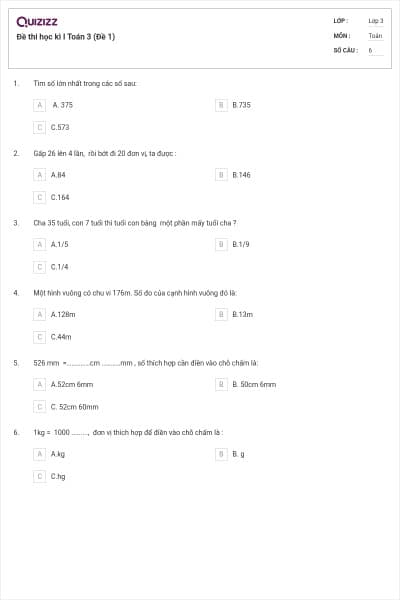 Đề thi học kì I Toán 3 (Đề 1)