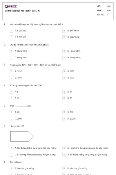 Đề thi cuối học kì I Toán 4 (đề 33)