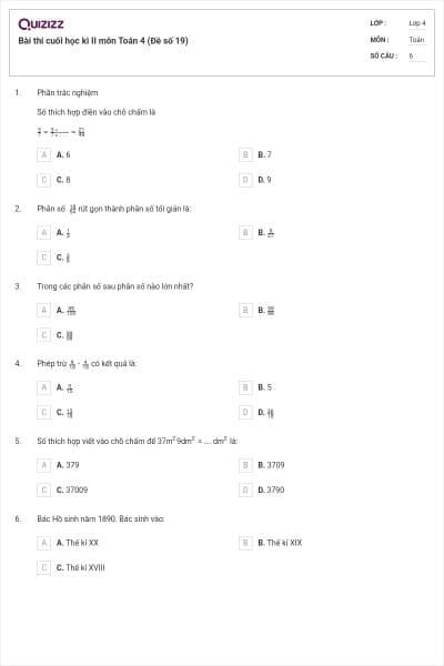 Bài thi cuối học kì II môn Toán 4 (Đề số 19)