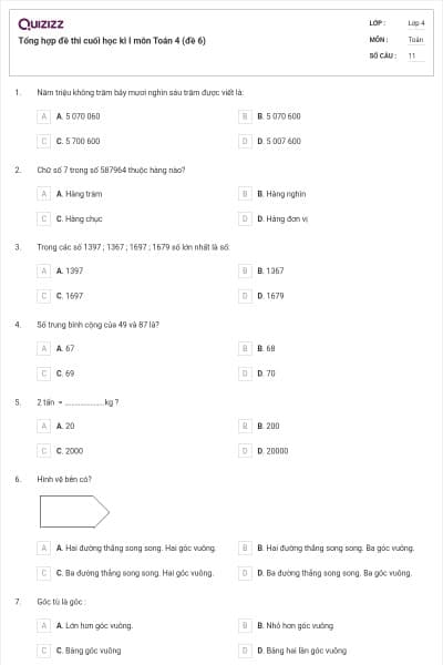 Tổng hợp đề thi cuối học kì I môn Toán 4 (đề 6)