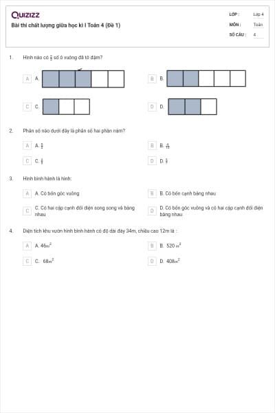 Bài thi chất lượng giữa học kì I Toán 4 (Đề 1)