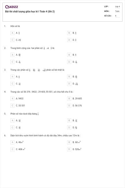 Bài thi chất lượng giữa học kì I Toán 4 (Đề 2)