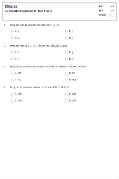 Bài thi chất lượng giữa học kì I Toán 4 (Đề 3)