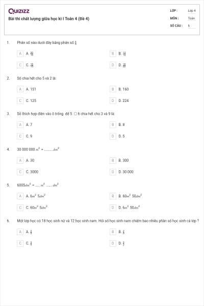 Bài thi chất lượng giữa học kì I Toán 4 (Đề 4)