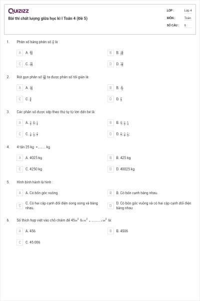 Bài thi chất lượng giữa học kì I Toán 4 (Đề 5)
