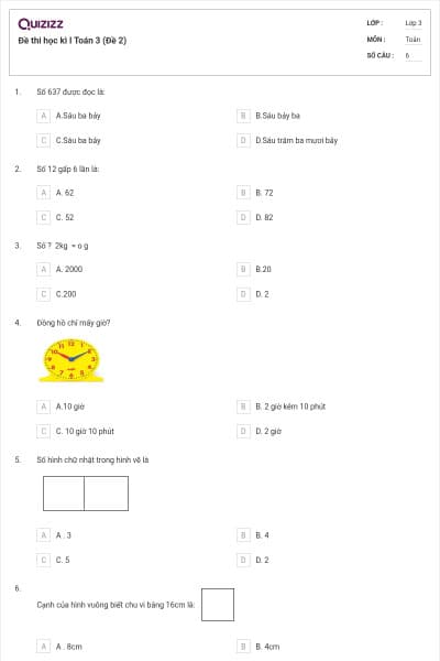 Đề thi học kì I Toán 3 (Đề 2)