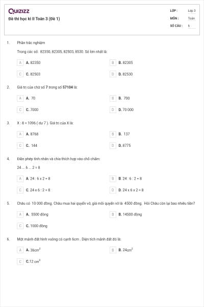 Đề thi học kì II Toán 3 (Đề 1)