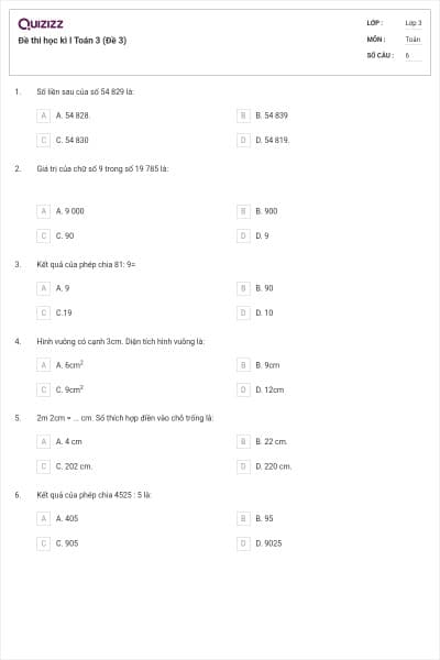 Đề thi học kì I Toán 3 (Đề 3)