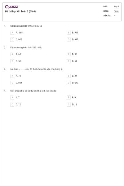 Đề thi học kì I Toán 3 (Đề 4)