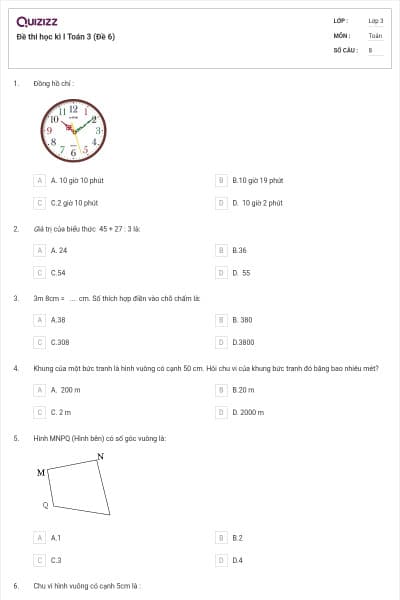 Đề thi học kì I Toán 3 (Đề 6)